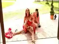 Big ass mistresses fuck with a submissive guy outdoors BDSM