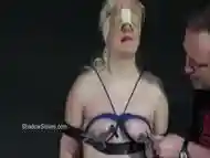 Blindfolded blonde submissive babe''s tits and pussy are extremely punished