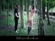 Busty brunette is bound and fucked hard in the woods