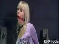 Chained blonde teen''s mouth is gagged on a live feed