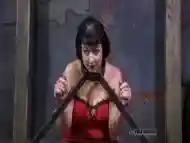 Chained slut in red dress is ready for pain BDSM