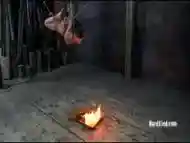 Hot new bondage slave roasted on fire the pit BDSM