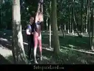 Impeccable blonde gets in the wood bondage and fucks hard