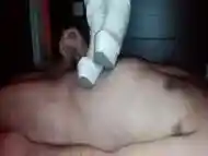 Stepping on his chest, his belly and his cock too