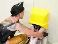 Bondage machine fucked hard and triple anal rough gang