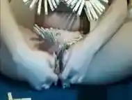 Clamps on slut playing webcam