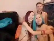 Guy gets triple blowjob from his three submissive slave girlfriends