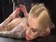 Skinny tattooed blonde gagged with cock