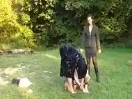 Two Wild German Babes Punishing Their Dude Outdoors