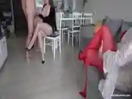 Wife Watches As Mistress In Shiny Pantyhose Handjob Husband 5 Min