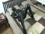 Black Latex Catsuit Encasement With Rubber Mask And Breathplay Masturbation