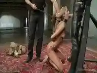 Bound Blonde On Knees Sucks Big Dick