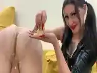 Dominatrix Nika Inserting Bananas Into Her Slaves Ass And Destroys It Using An Eggplant