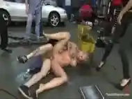 Busty Blonde Defiled In Public. Pretty Hair Used To Mop Up Oil