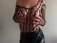 First time TEEN Masturbating real orgasm in fishnet bodysuit leather skirt