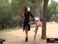 Trapped scandalous slut whipped outdoor at park by femina