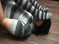 Femdome slave kiss feet in tights