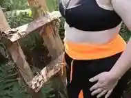 Spank my tits with fir branch in public