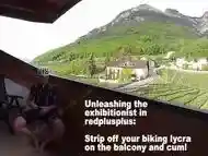 Exhibitionist cums on balcony in biking gear