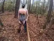 Giant Fake Tits Cross Dresser Naked And Exposed In A Public Wood Masturbating Cum Shot