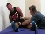 Hairy hunk restrained before cock tickling by deviant