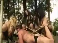 Wild tranny vixens gangbang a blindfolded guy in the forest