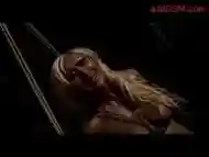 Busty Blonde Bondaged Standing On One Leg Mouthgag Blindfolded Fingered And Tortured With Electricity By Mistress In The Dungeon