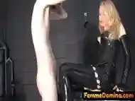 Latex CFNM domina pissing in sissy mouth after whipping