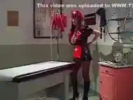 Latex-clad nurse with huge juggs self-administering cleaning and masturbating