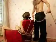 Tall busty brunette gets dicked during BDSM game