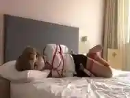 Tied Kigurumi in bed with vibrator