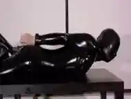 Girl Get Restricted &amp; Vibrated In Black Latex Catsuit + Leather Hood &amp; High