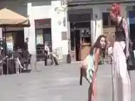 Anal plugged petite slave in public