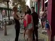 Big tits slave gangbang fucked in public