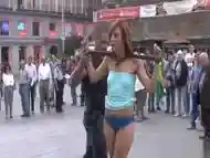 Naked ginger slave led through Madrid