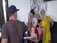 Natural busty slave banged in public