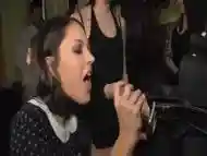 Petite dark haired slut banged in public bar