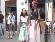 Rope bondage for petite slave in public