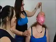 Stupid Redhead Gagged By Three Women!