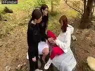 Worship Three Pussies Of Princesses Sofi, Kira And Dina In The Forest - Group Femdom