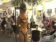 Blindfolded slave d. in public