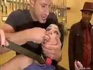 Blindfolded slave fucked in public shop