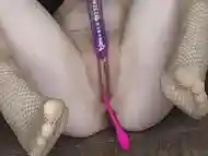 Blonde girl pussy double penetration. Hardcore fuck with gigantic dildo and lush.