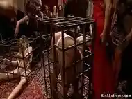 Blonde slaves in cages fucked in party