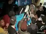 Brunette fucked in public pool bar