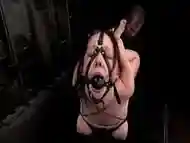 Busty Girl With Mouthgag Tits Bondaged Tied Arms Rubbing Cock Fingered On A Box In The Dungeon