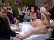 Busty slave anal toyed in public party