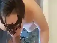 Busty slut wife enjoying a thick cock deep in her throat in the bathroom HD