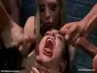 Curly slut gets facials in public