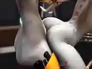 Futa sex robot plays with a female alien in the sci-fi lab